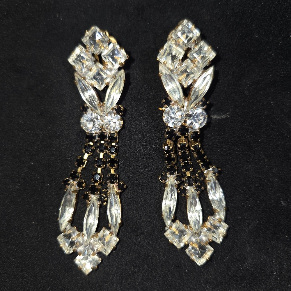 Handmade Czech - Black Rhinestone Earrings – Clip On Husar D Statement Earrings